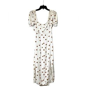 Urban Outfitters White Brown Polka Dot Puff Sleeve Midi Dress Womens Small
